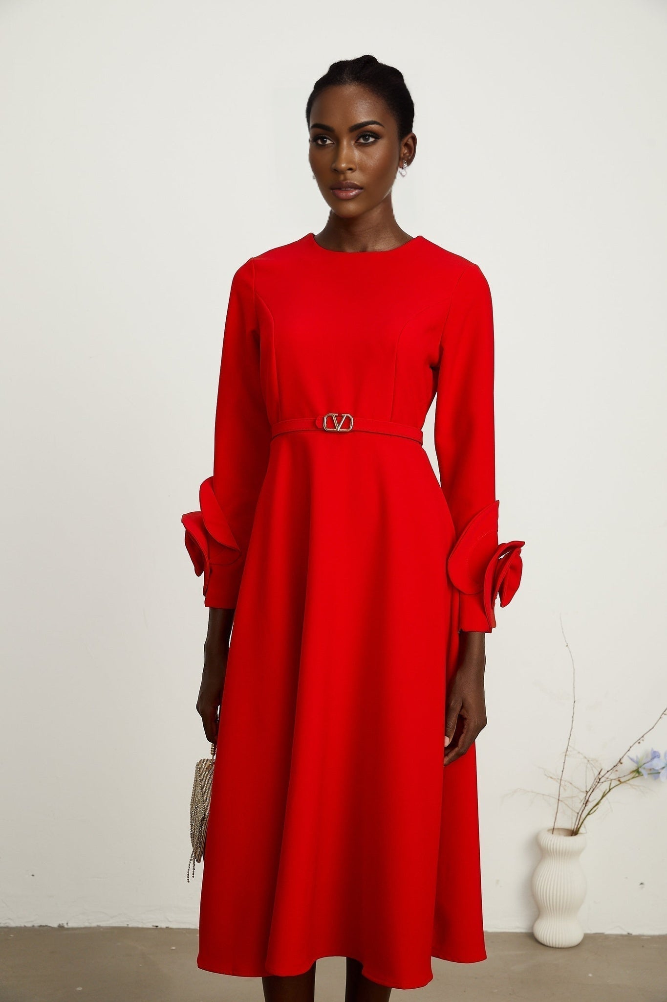 Autumn Long Dress - Round Neck - Floral Appliqué - Flared Skirt - Rear Zip Fastening