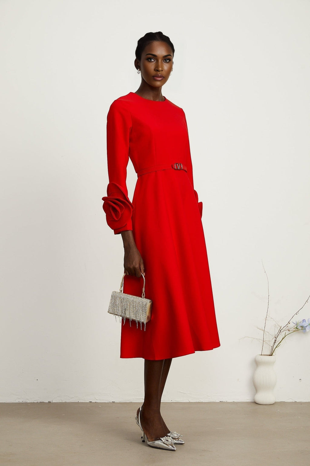 Autumn Long Dress - Round Neck - Floral Appliqué - Flared Skirt - Rear Zip Fastening