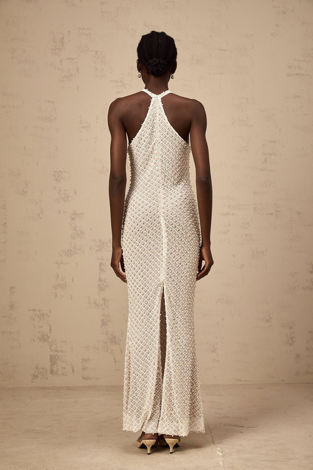 Autumn Maxi Dress - Halterneck - Fitted Silhouette - Crystal, Sequin, Pearl Embellishments - Rear Zip - Back Slit
