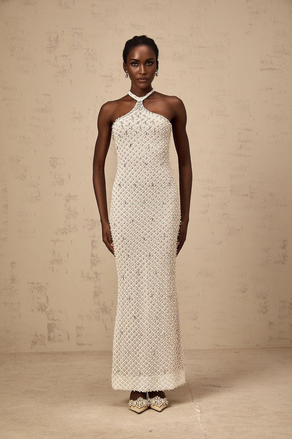 Autumn Maxi Dress - Halterneck - Fitted Silhouette - Crystal, Sequin, Pearl Embellishments - Rear Zip - Back Slit