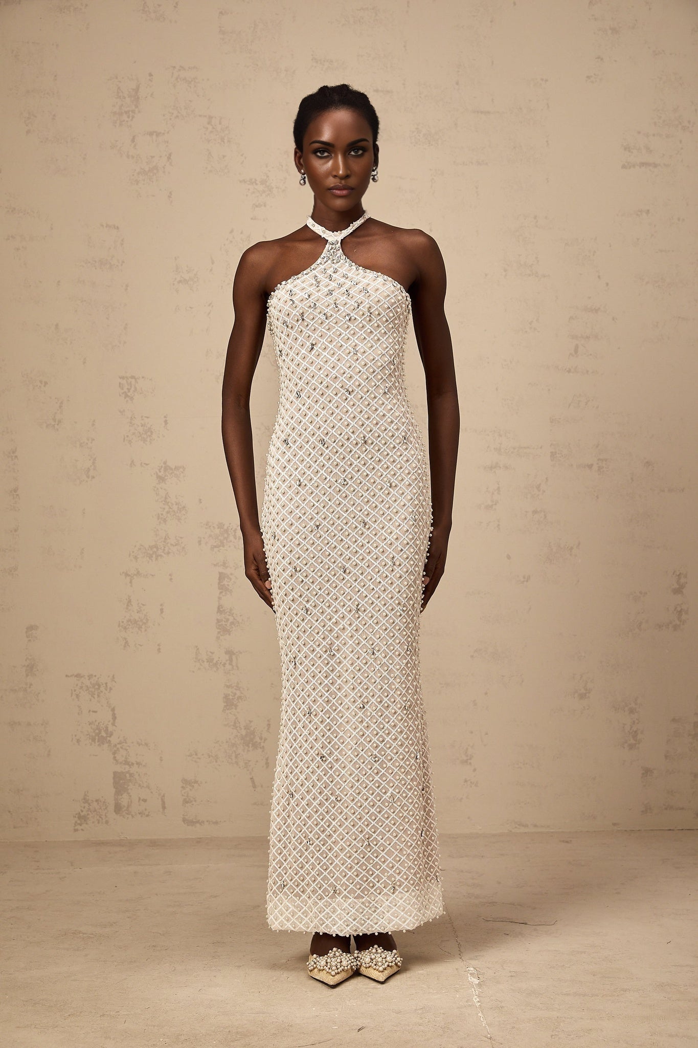 Autumn Maxi Dress - Halterneck - Fitted Silhouette - Crystal, Sequin, Pearl Embellishments - Rear Zip - Back Slit