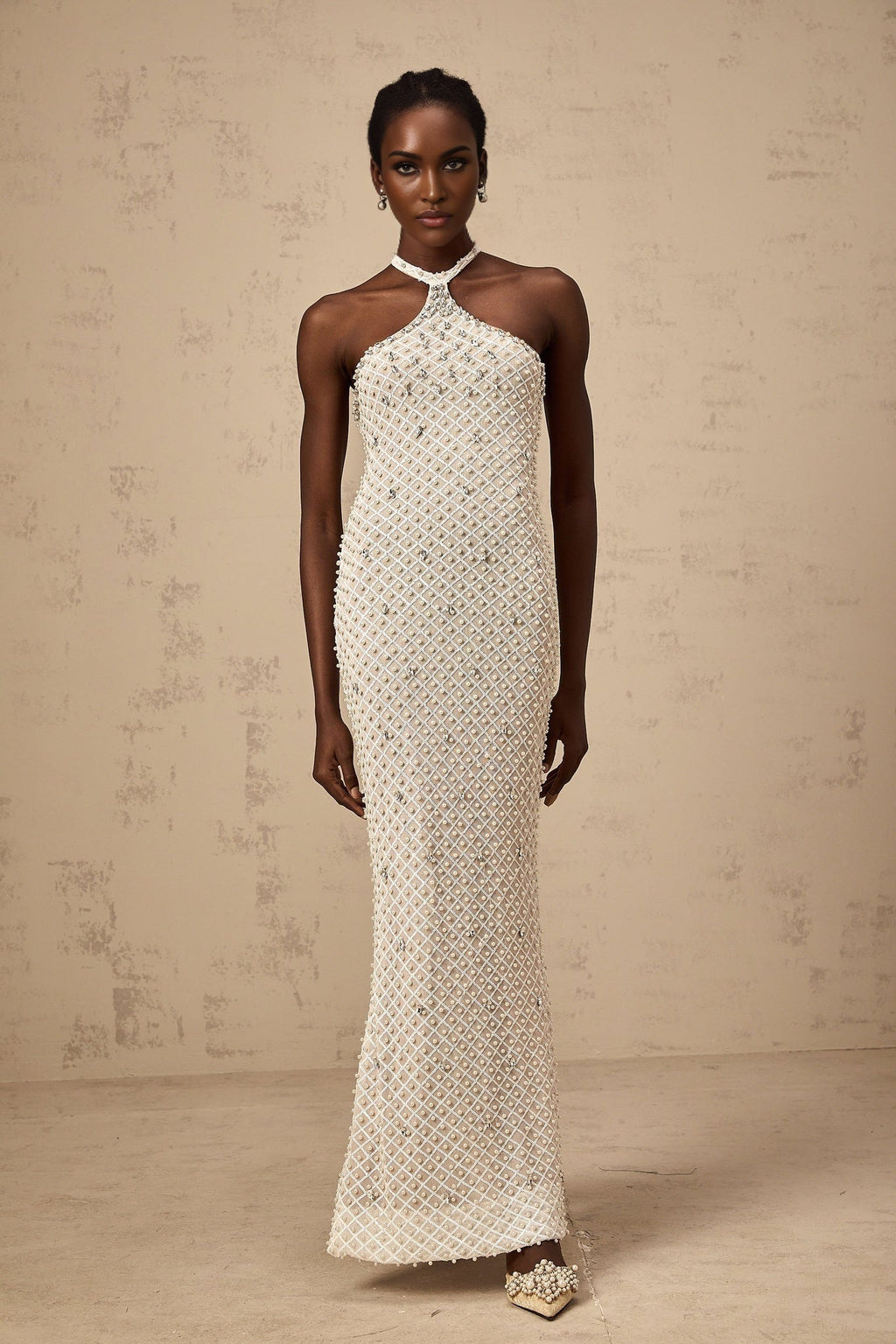 Autumn Maxi Dress - Halterneck - Fitted Silhouette - Crystal, Sequin, Pearl Embellishments - Rear Zip - Back Slit