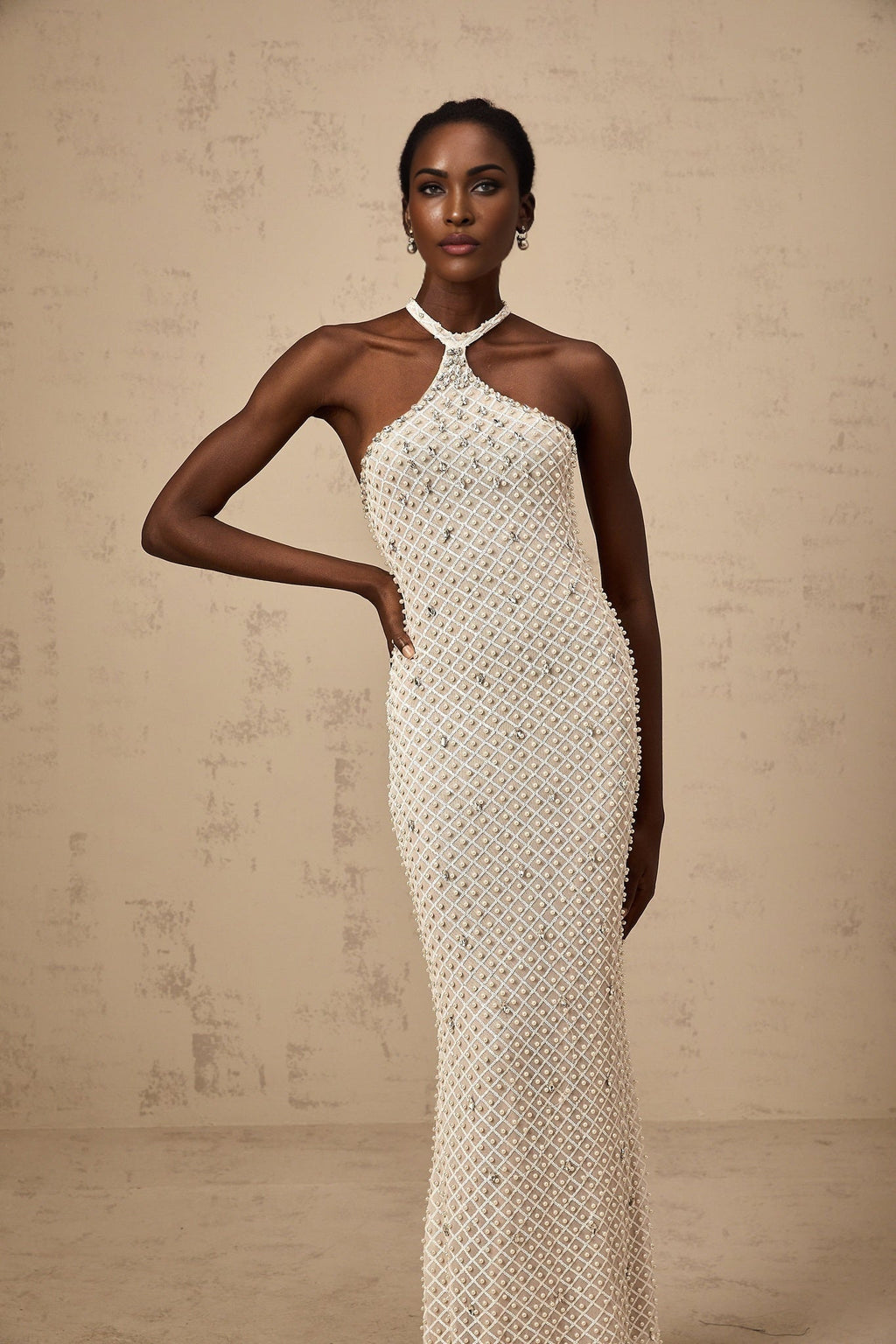 Autumn Maxi Dress - Halterneck - Fitted Silhouette - Crystal, Sequin, Pearl Embellishments - Rear Zip - Back Slit