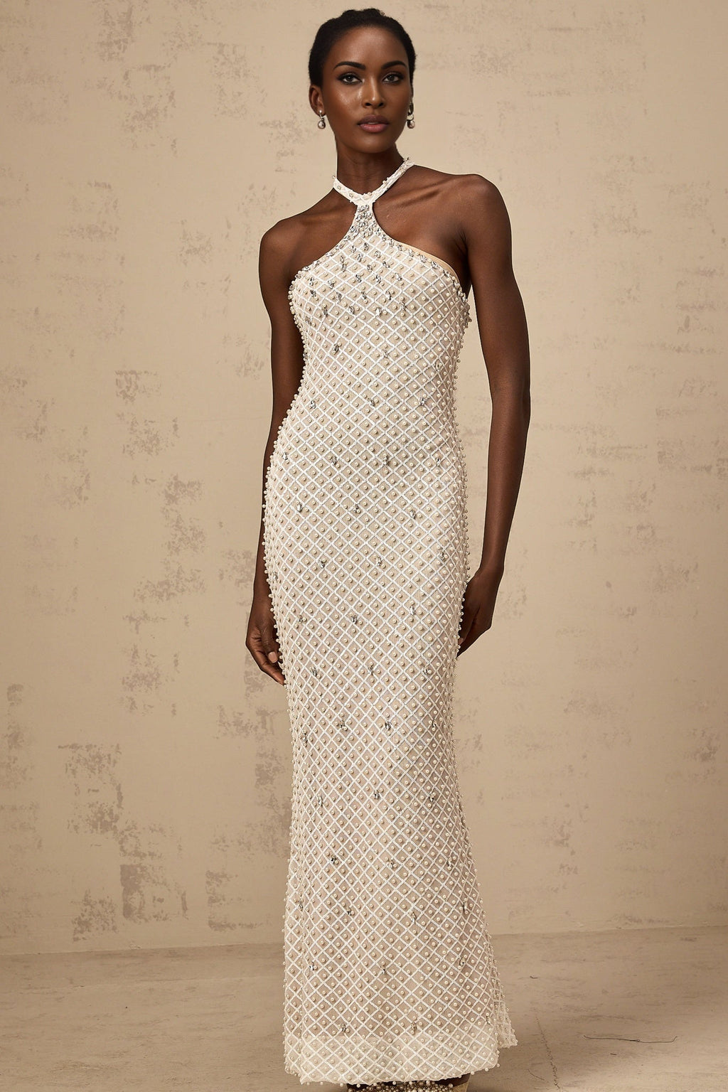 Autumn Maxi Dress - Halterneck - Fitted Silhouette - Crystal, Sequin, Pearl Embellishments - Rear Zip - Back Slit