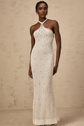 Autumn Maxi Dress - Halterneck - Fitted Silhouette - Crystal, Sequin, Pearl Embellishments - Rear Zip - Back Slit