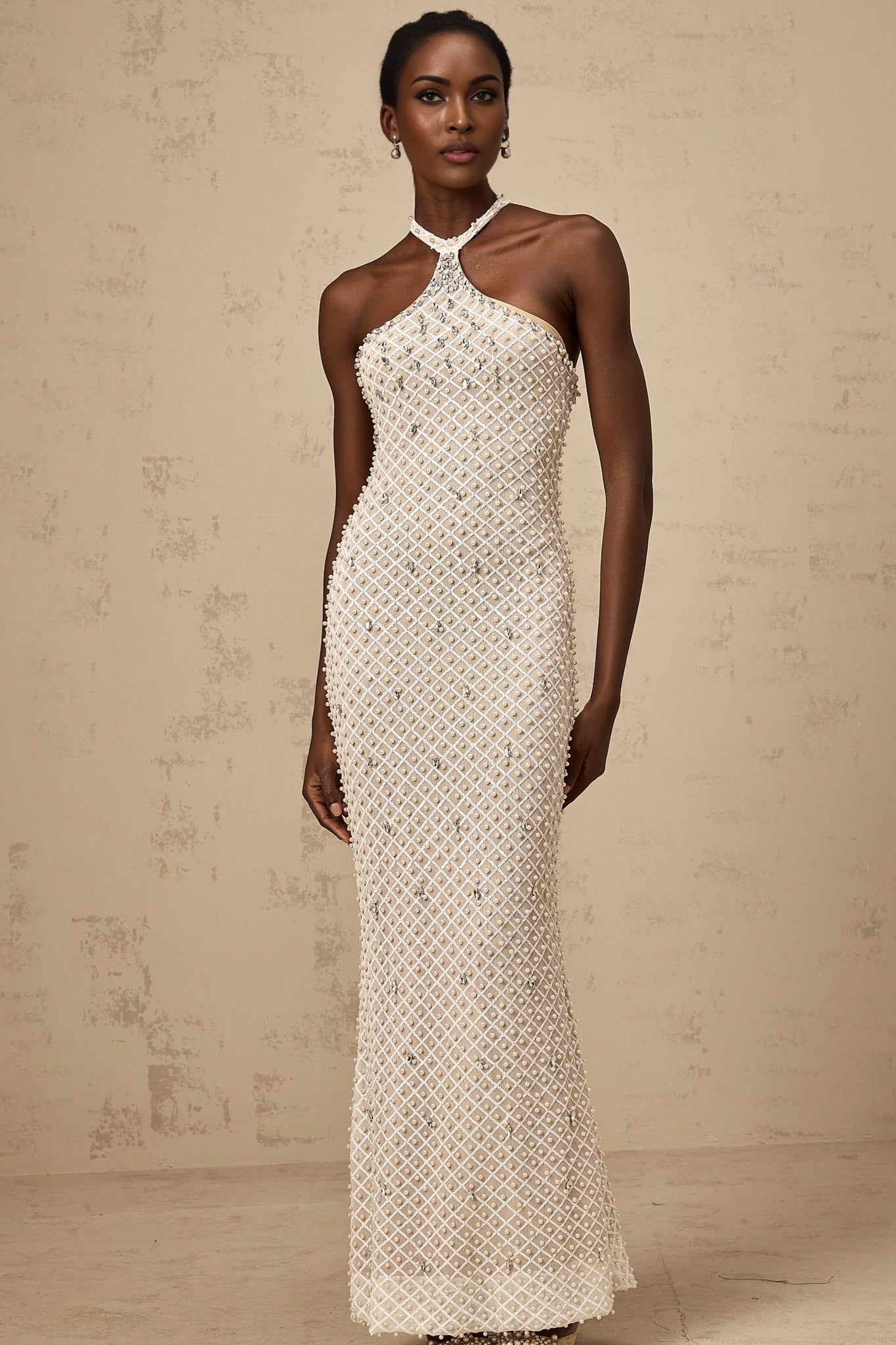 Autumn Maxi Dress - Halterneck - Fitted Silhouette - Crystal, Sequin, Pearl Embellishments - Rear Zip - Back Slit