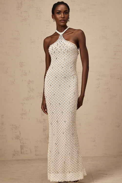 Autumn Maxi Dress - Halterneck - Fitted Silhouette - Crystal, Sequin, Pearl Embellishments - Rear Zip - Back Slit