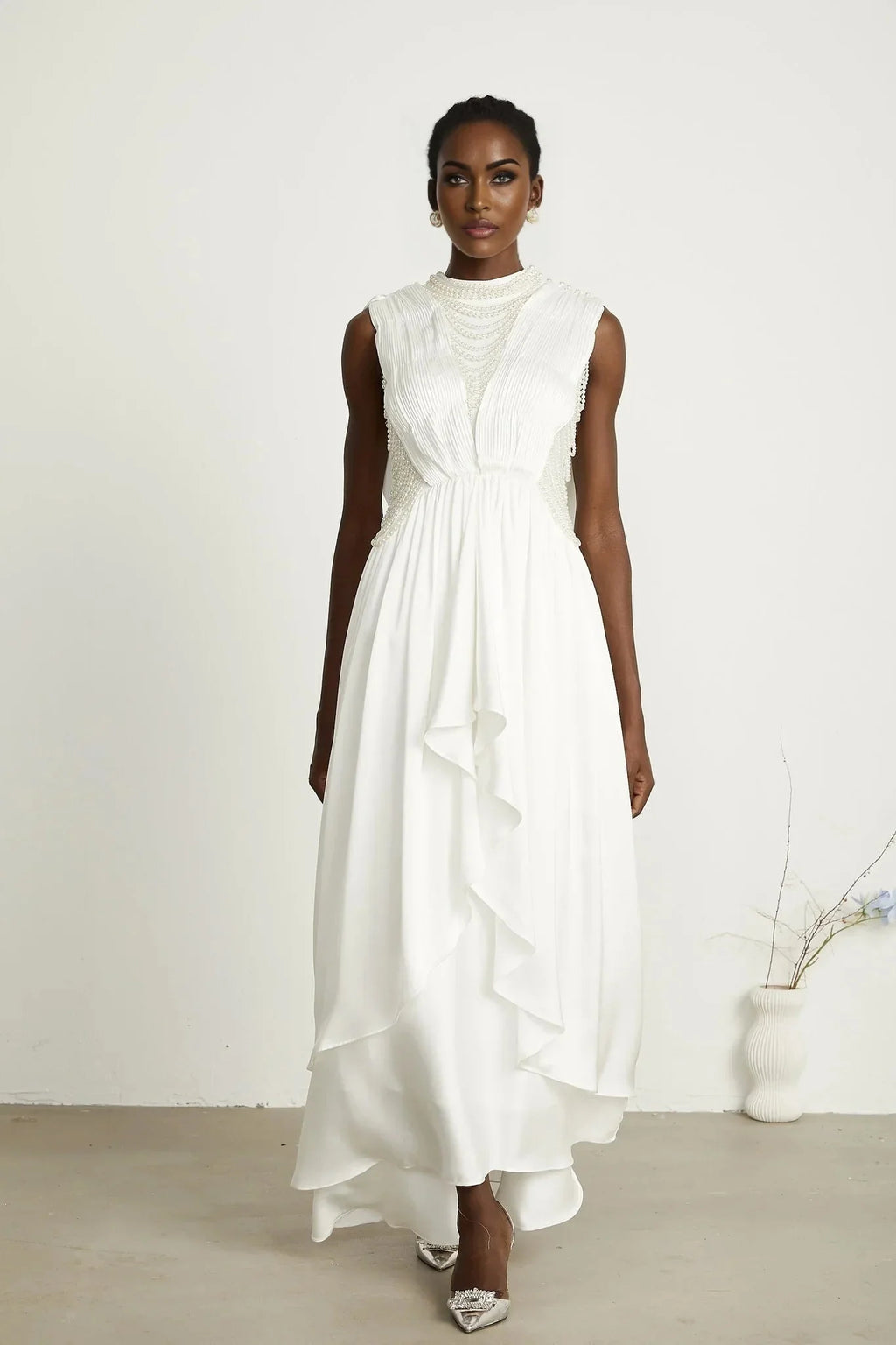 Autumn Maxi Dress - Sleeveless - Open Neck & Back - Faux Pearl Embellishment - Pleat Detailing - Layered Design