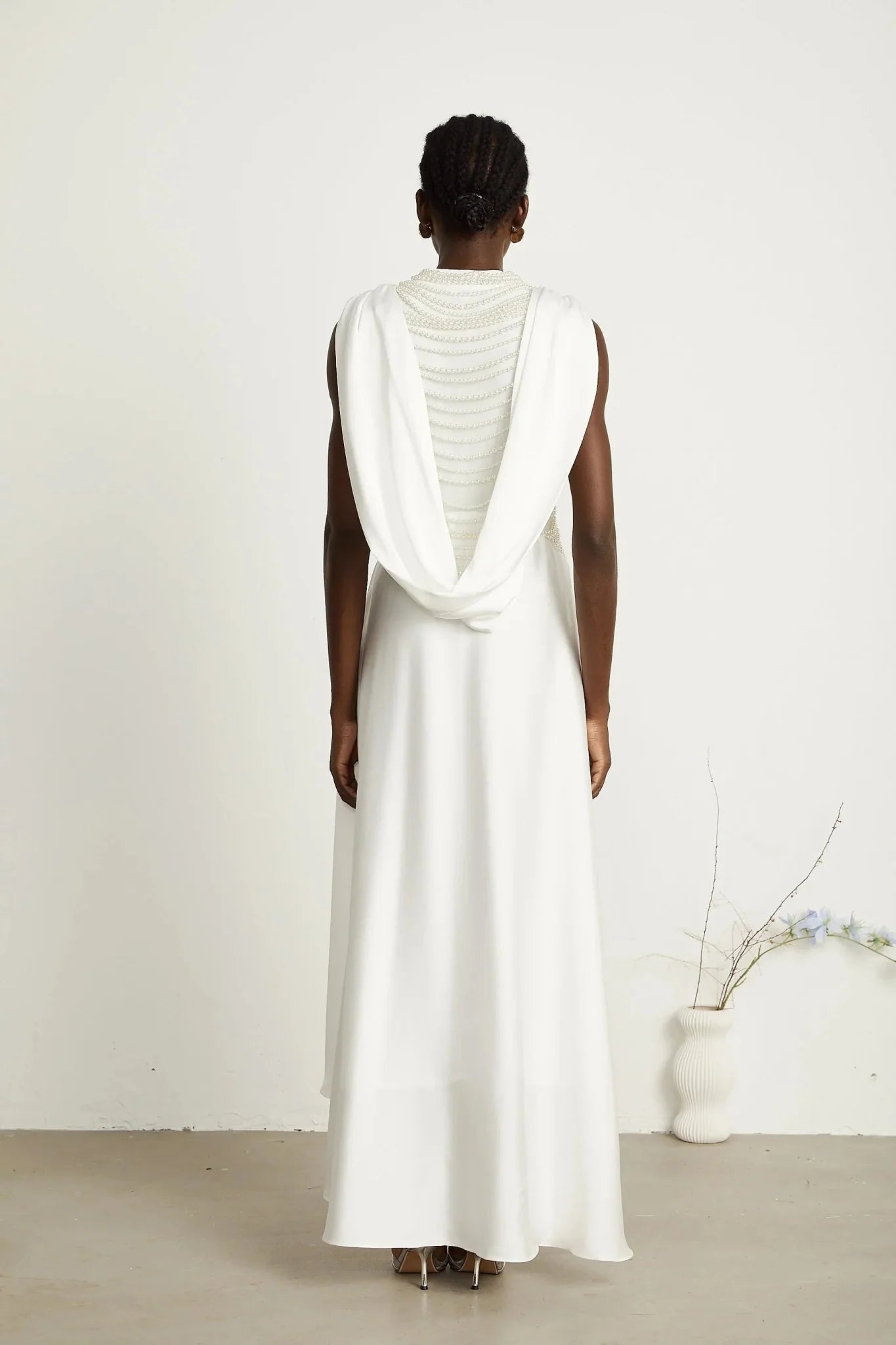 Autumn Maxi Dress - Sleeveless - Open Neck & Back - Faux Pearl Embellishment - Pleat Detailing - Layered Design