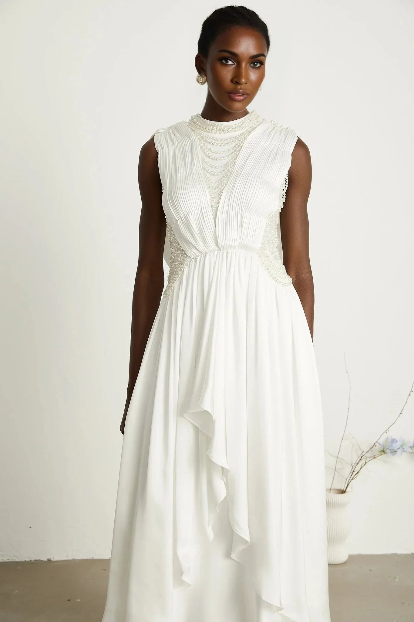 Autumn Maxi Dress - Sleeveless - Open Neck & Back - Faux Pearl Embellishment - Pleat Detailing - Layered Design