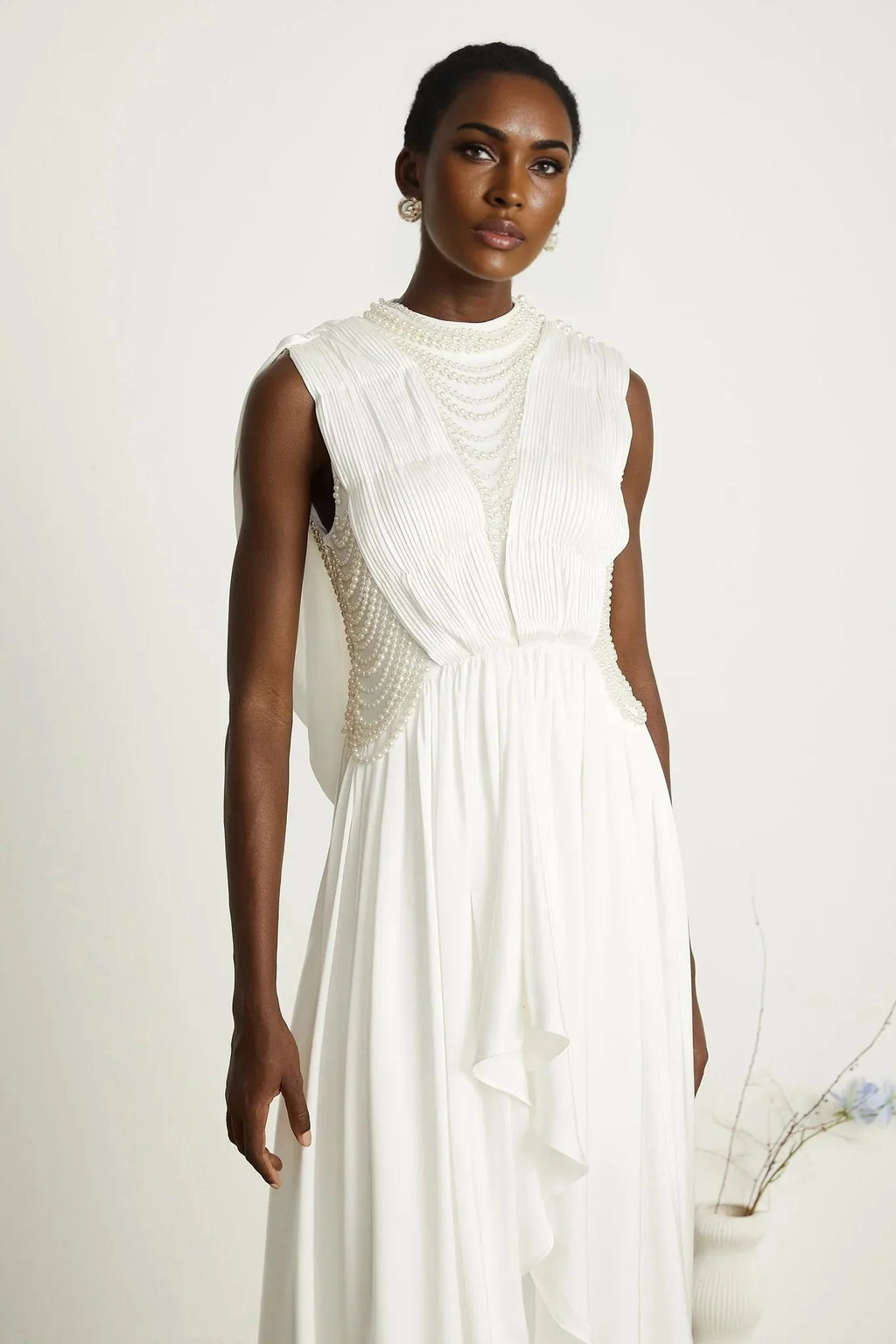 Autumn Maxi Dress - Sleeveless - Open Neck & Back - Faux Pearl Embellishment - Pleat Detailing - Layered Design