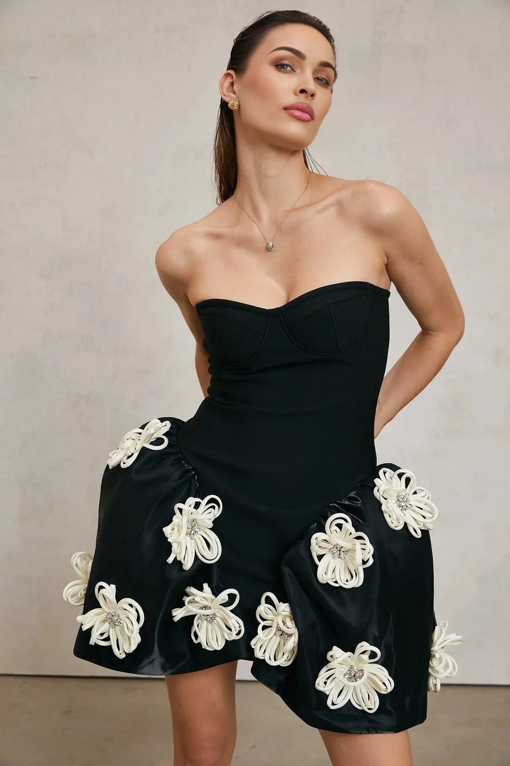 Ava Mini Dress - Sleeveless Off the Shoulder Bustier Style with Floral Appliqu and Crystal Embellishment