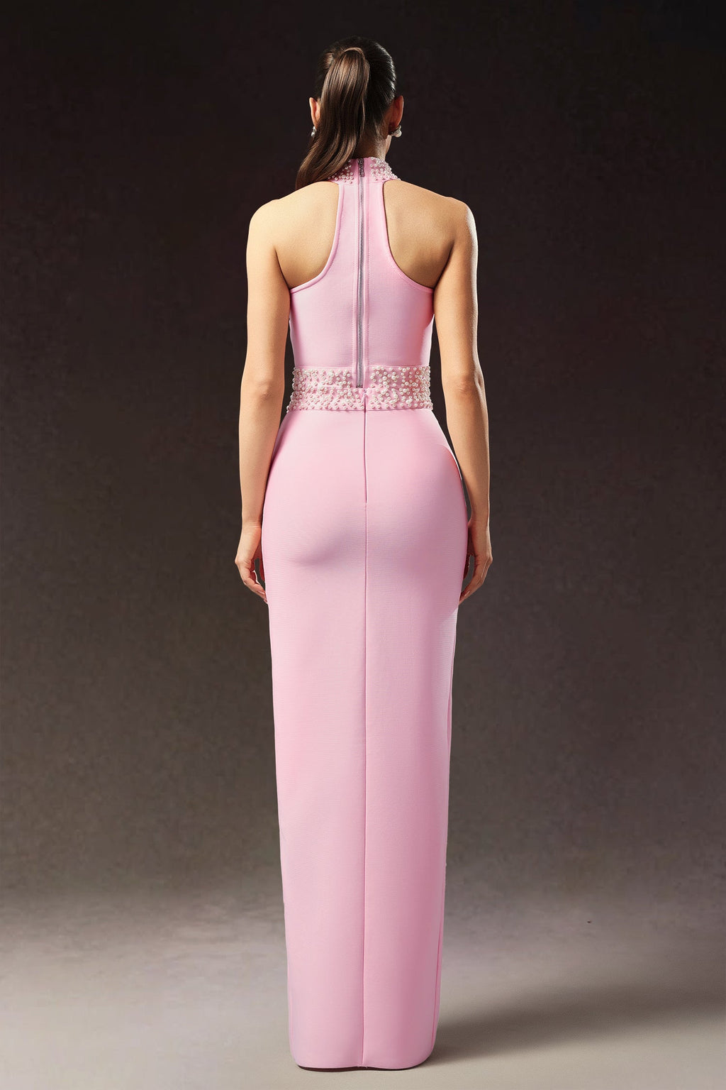Ava Pink Bandage Style Halter Neck Dress with Chic Slit and Intricate Embellishments