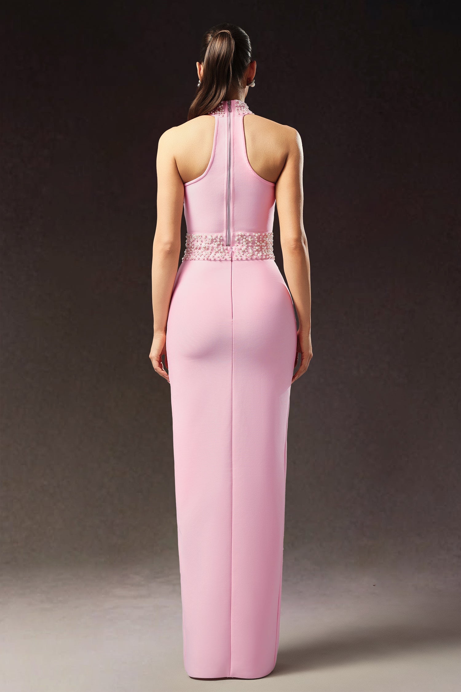 Ava Pink Bandage Style Halter Neck Dress with Chic Slit and Intricate Embellishments