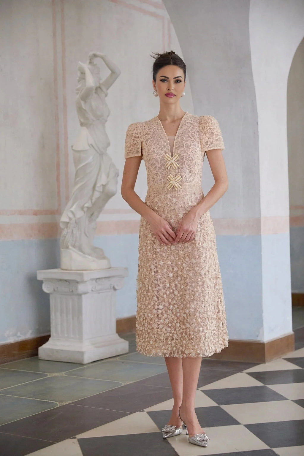 Avery Midi Dress Neutrals Crochet Faux - Flower & Bead