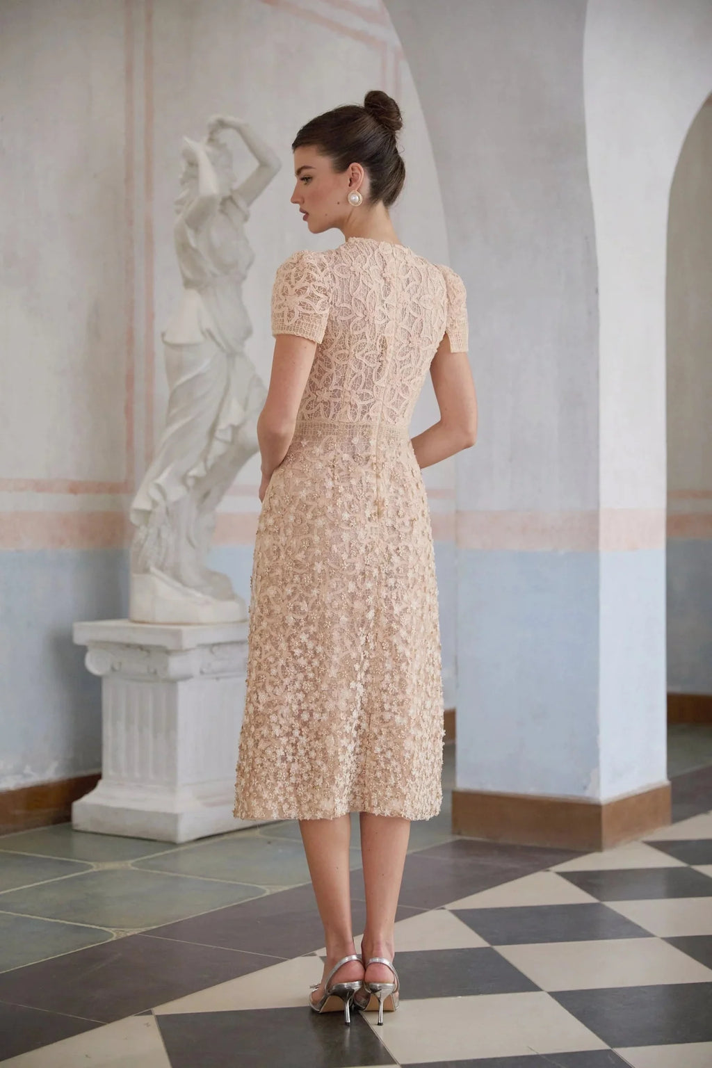 Avery Midi Dress Neutrals Crochet Faux - Flower & Bead