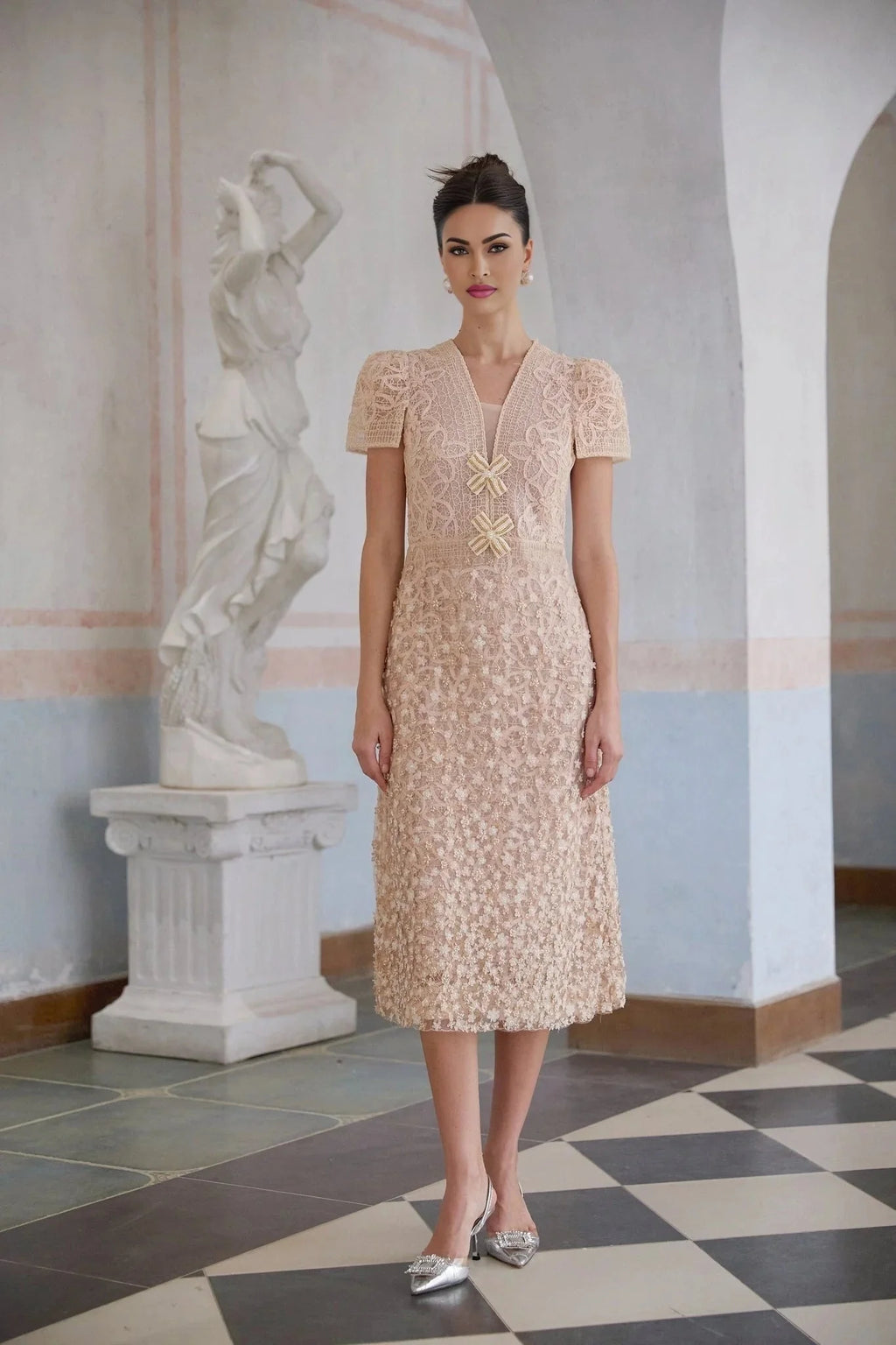 Avery Midi Dress Neutrals Crochet Faux - Flower & Bead