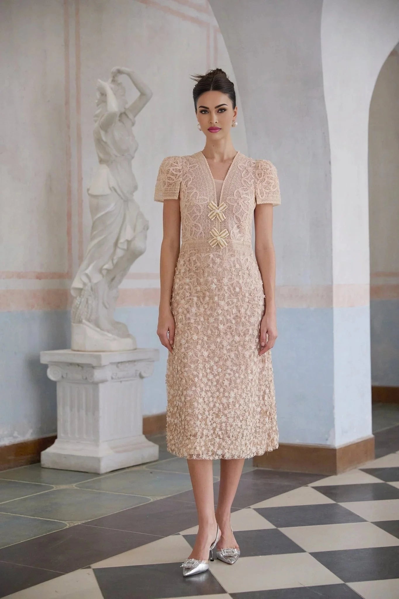 Avery Midi Dress Neutrals Crochet Faux - Flower & Bead