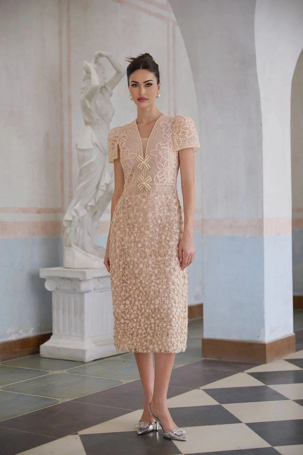 Avery Midi Dress Neutrals Crochet Faux - Flower & Bead