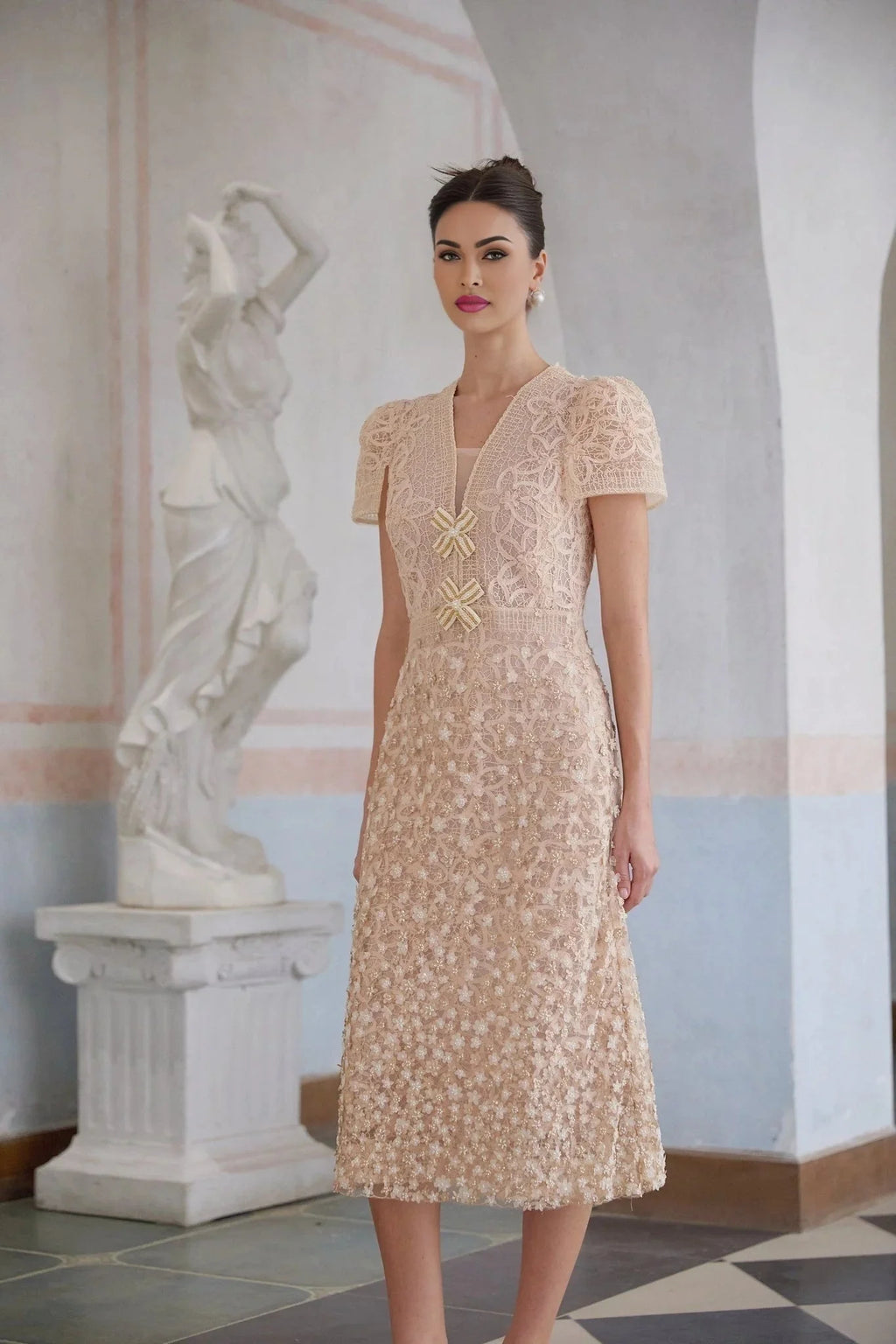 Avery Midi Dress Neutrals Crochet Faux - Flower & Bead