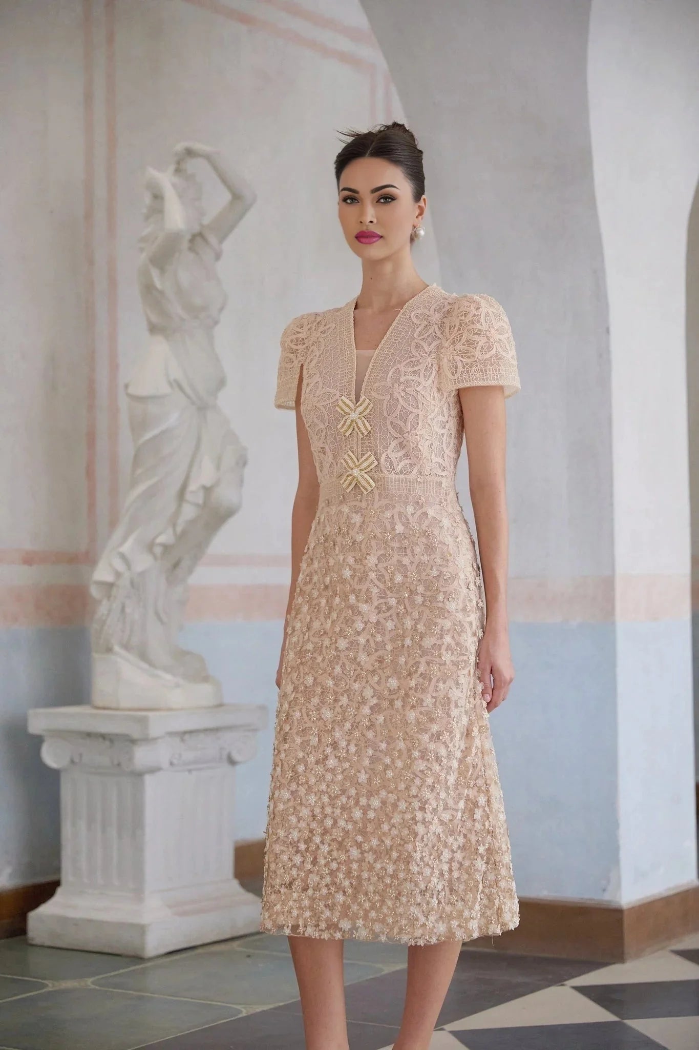 Avery Midi Dress Neutrals Crochet Faux - Flower & Bead