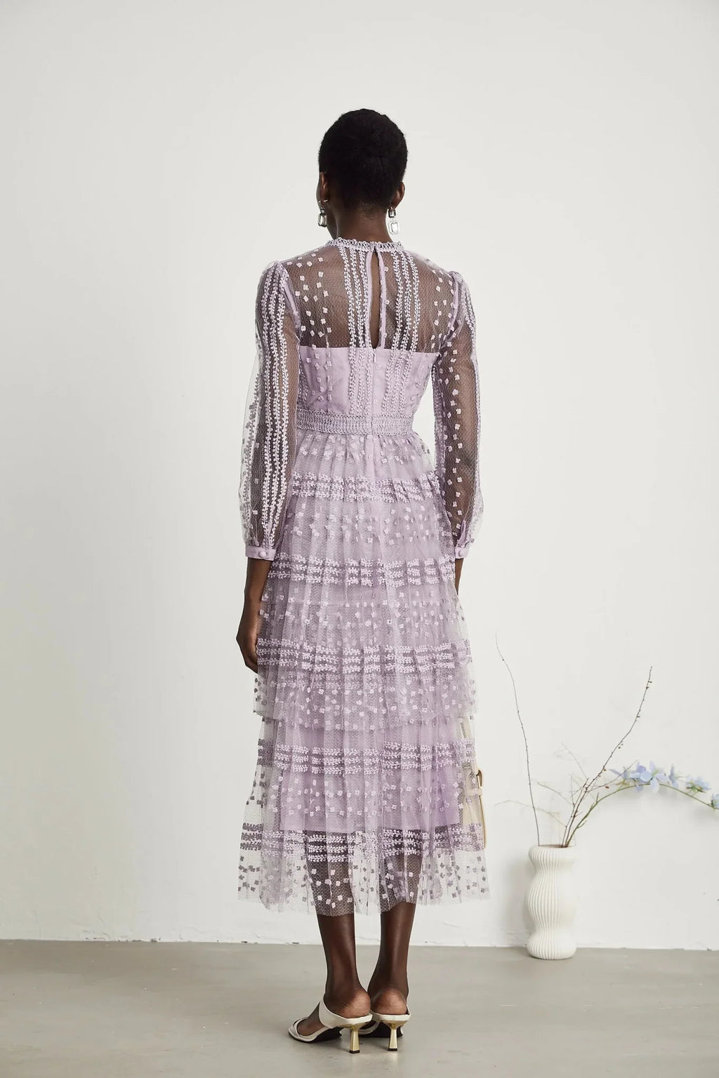 Avery Midi Dress - Puff Sleeve - High Waisted - Layered Design - Embroidered - Flounce Hem