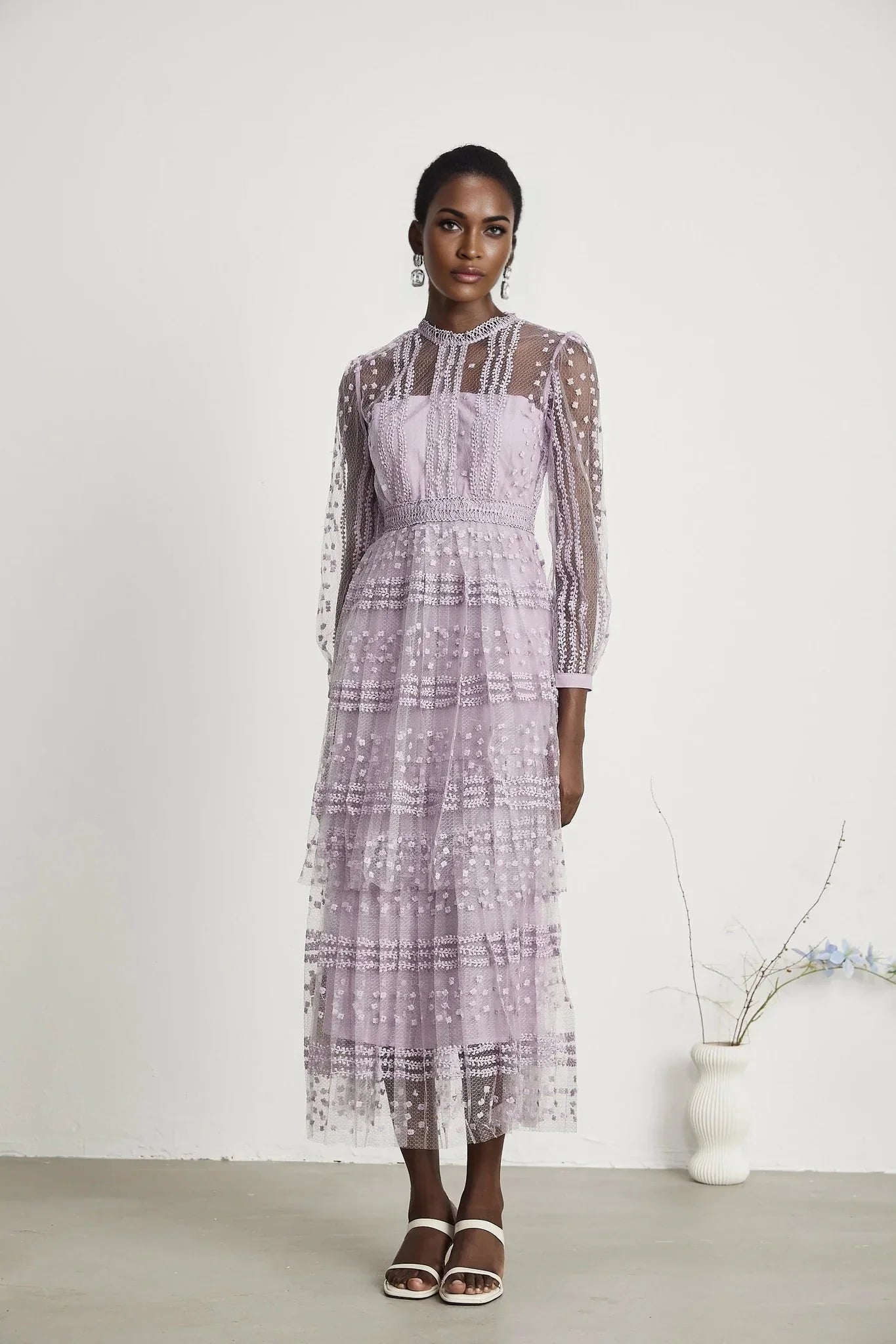 Avery Midi Dress - Puff Sleeve - High Waisted - Layered Design - Embroidered - Flounce Hem