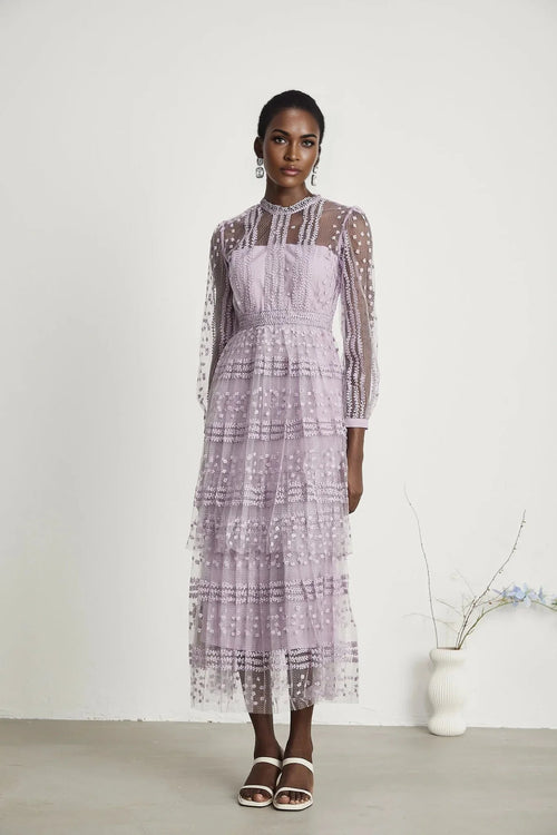 Avery Midi Dress - Puff Sleeve - High Waisted - Layered Design - Embroidered - Flounce Hem