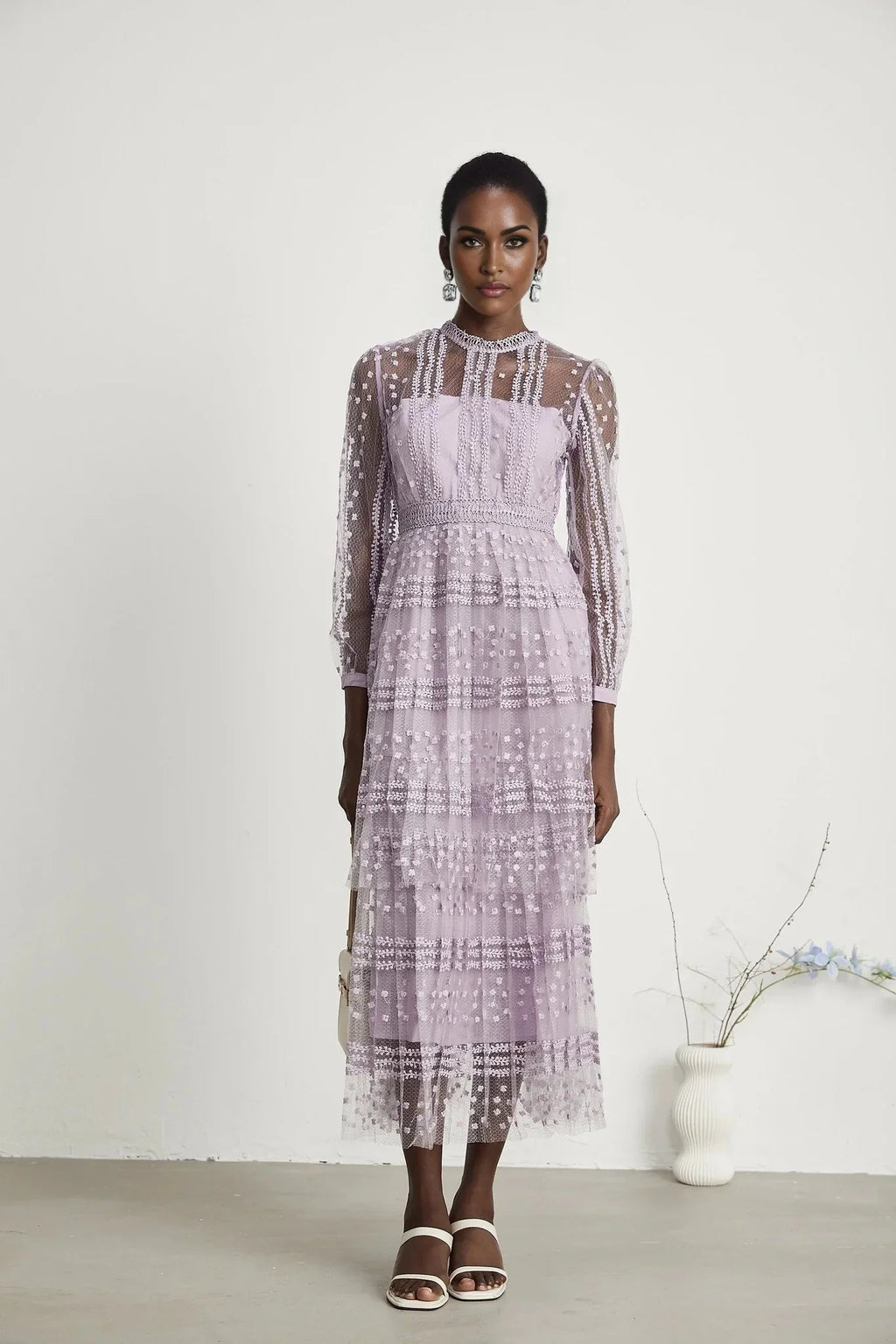 Avery Midi Dress - Puff Sleeve - High Waisted - Layered Design - Embroidered - Flounce Hem