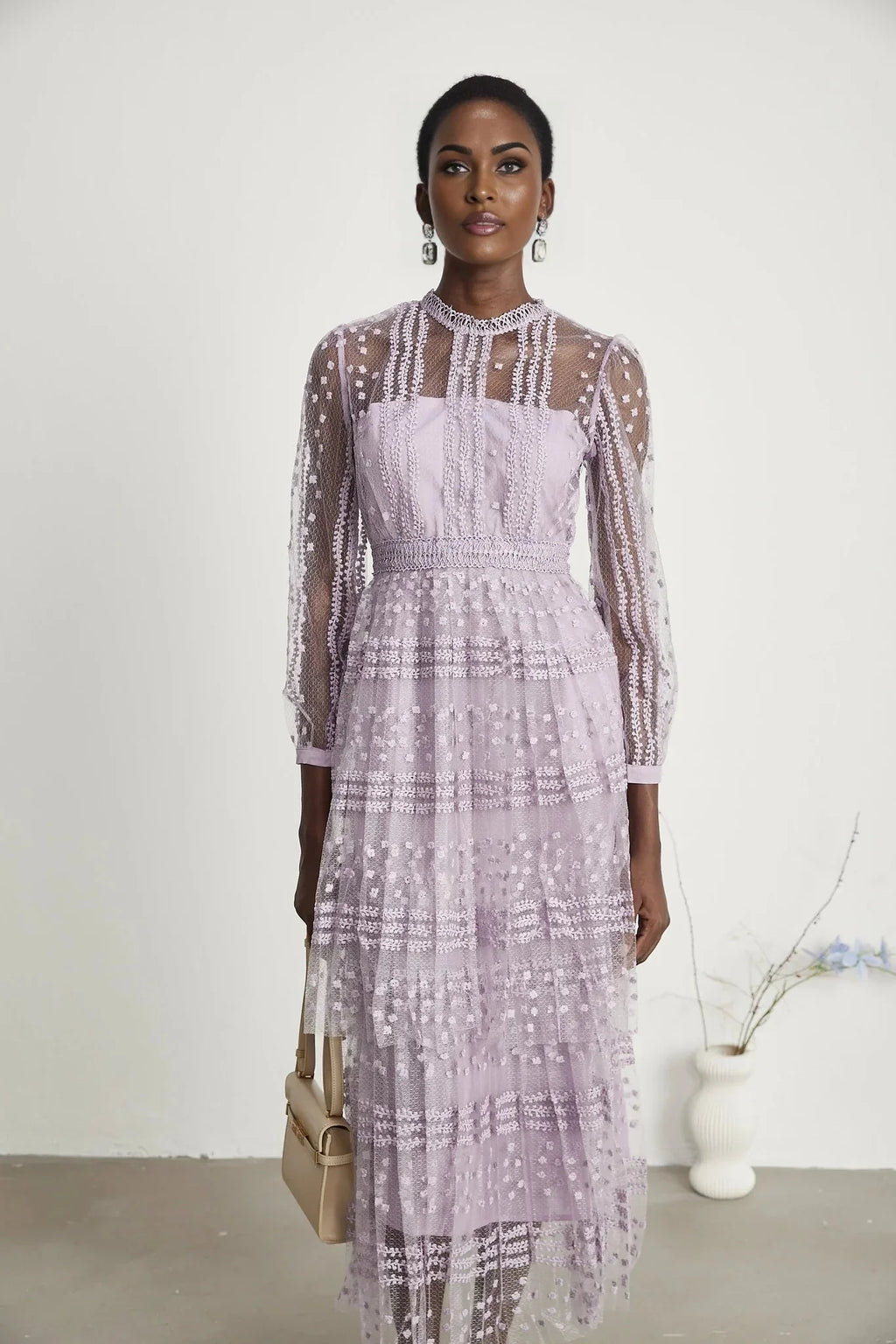 Avery Midi Dress - Puff Sleeve - High Waisted - Layered Design - Embroidered - Flounce Hem