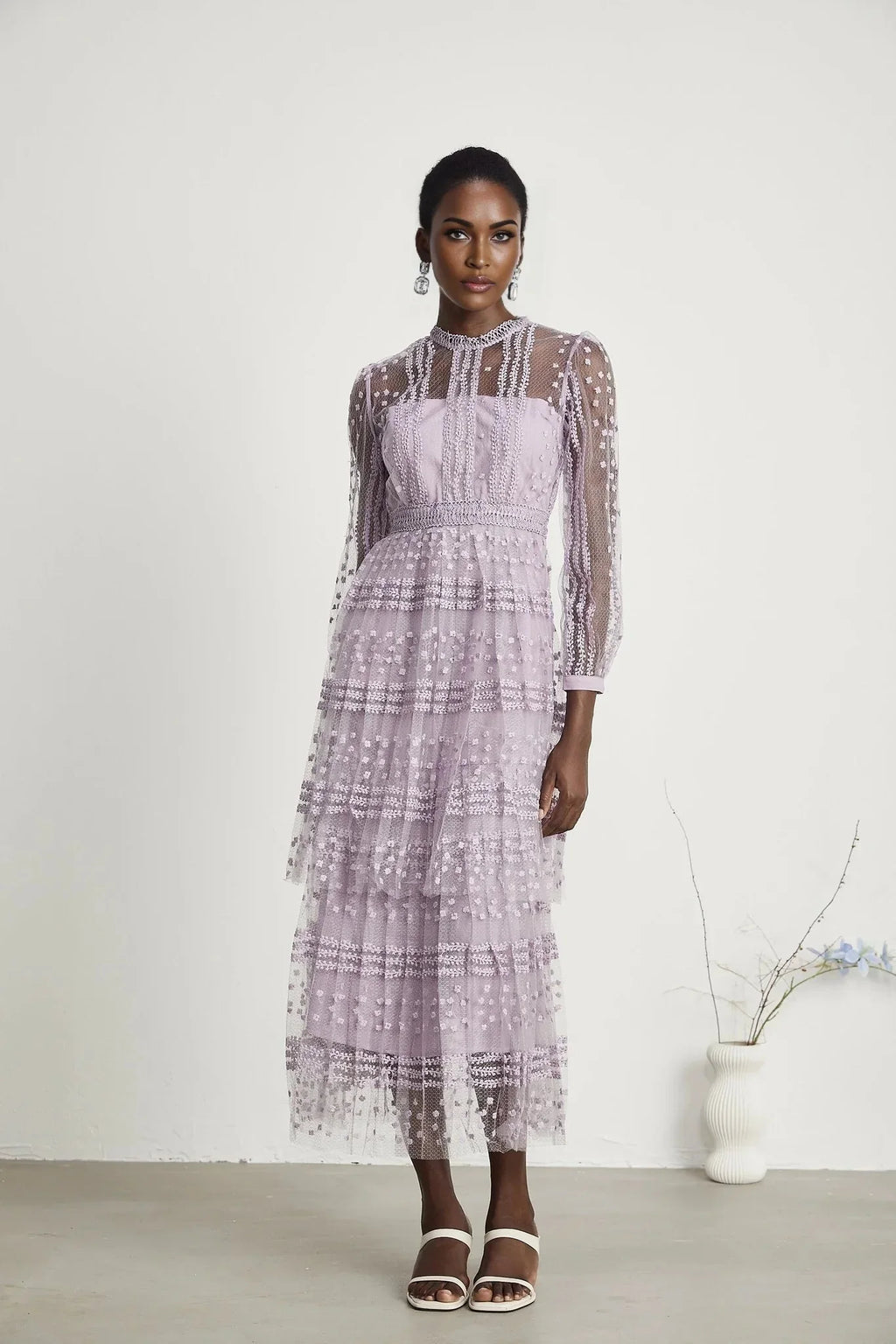 Avery Midi Dress - Puff Sleeve - High Waisted - Layered Design - Embroidered - Flounce Hem