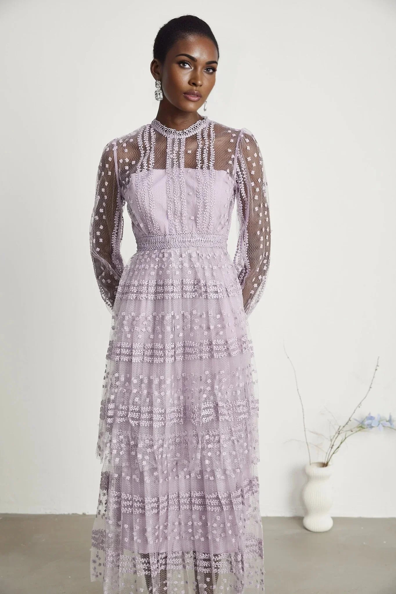 Avery Midi Dress - Puff Sleeve - High Waisted - Layered Design - Embroidered - Flounce Hem