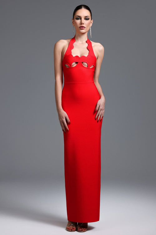 Avery Red Halter Maxi Dress