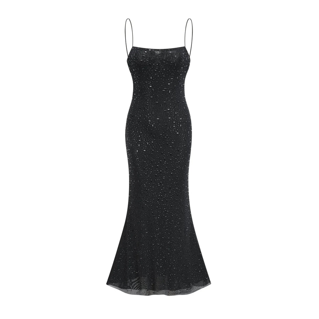 Axelle Midi Dress - Sequin Embellishment - Sleeveless - Fitted - Side Zip Fastening - Spaghetti Straps