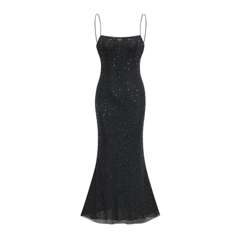 Axelle Midi Dress - Sequin Embellishment - Sleeveless - Fitted - Side Zip Fastening - Spaghetti Straps