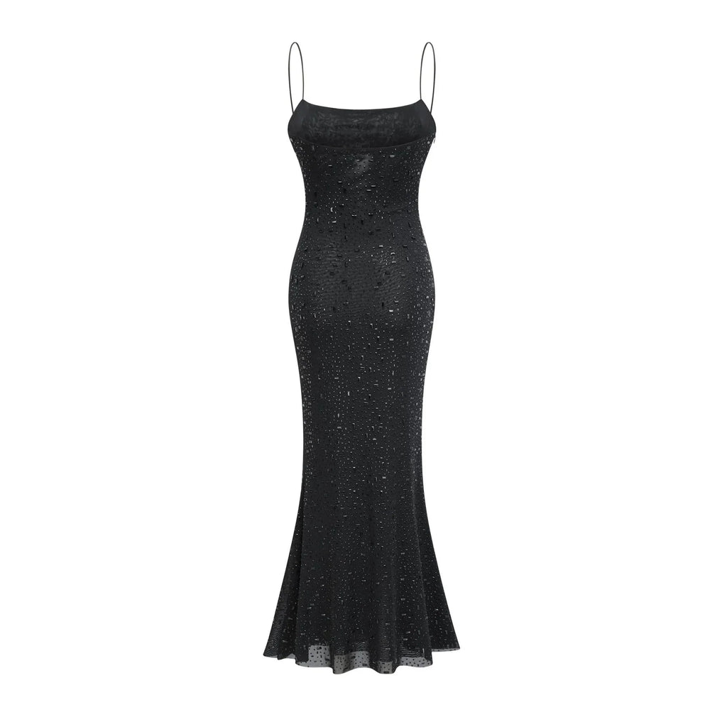 Axelle Midi Dress - Sequin Embellishment - Sleeveless - Fitted - Side Zip Fastening - Spaghetti Straps