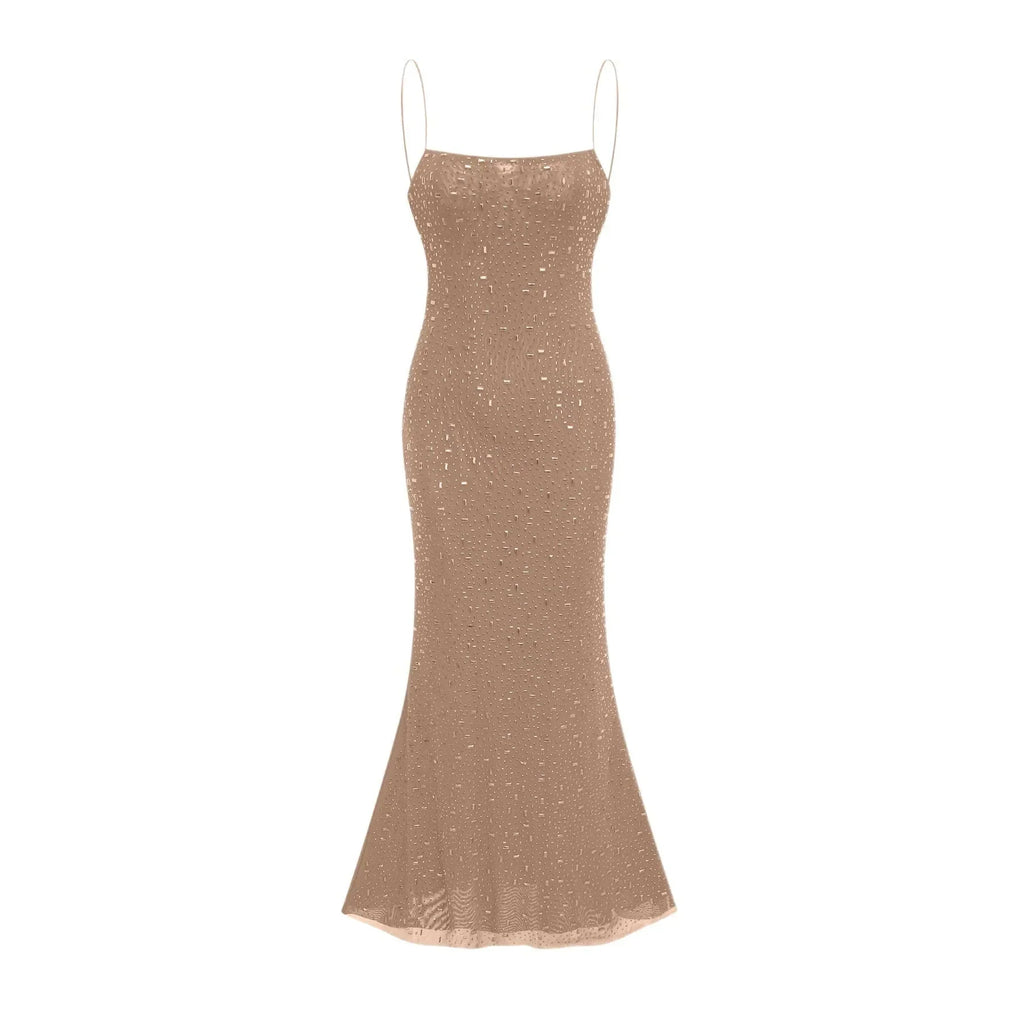Axelle Midi Dress - Sequin Embellishment - Sleeveless - Fitted - Side Zip Fastening - Spaghetti Straps