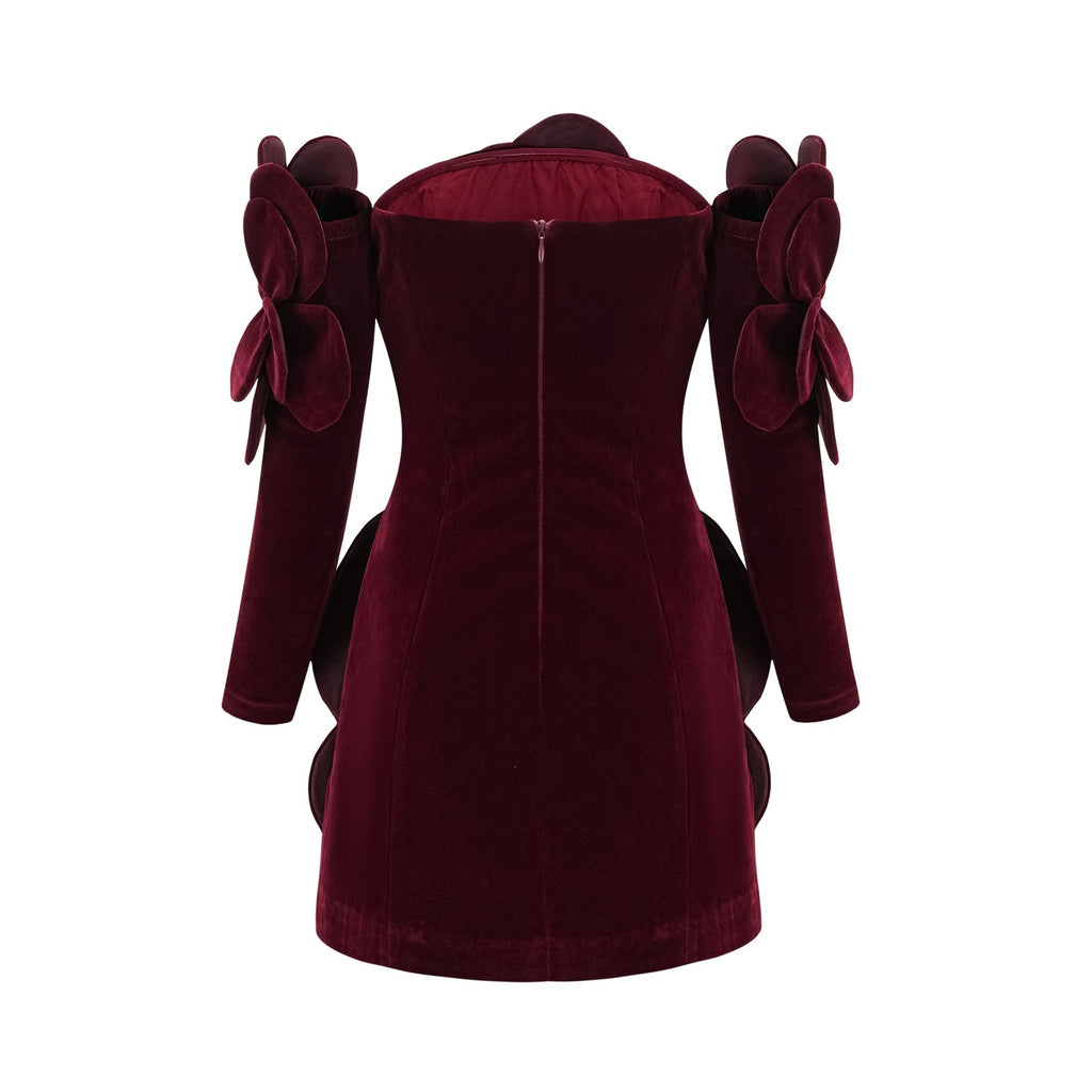 Azura Off - Shoulder Mini Dress - 3D Floral Appliqué - Long Sleeve - Couture Fit