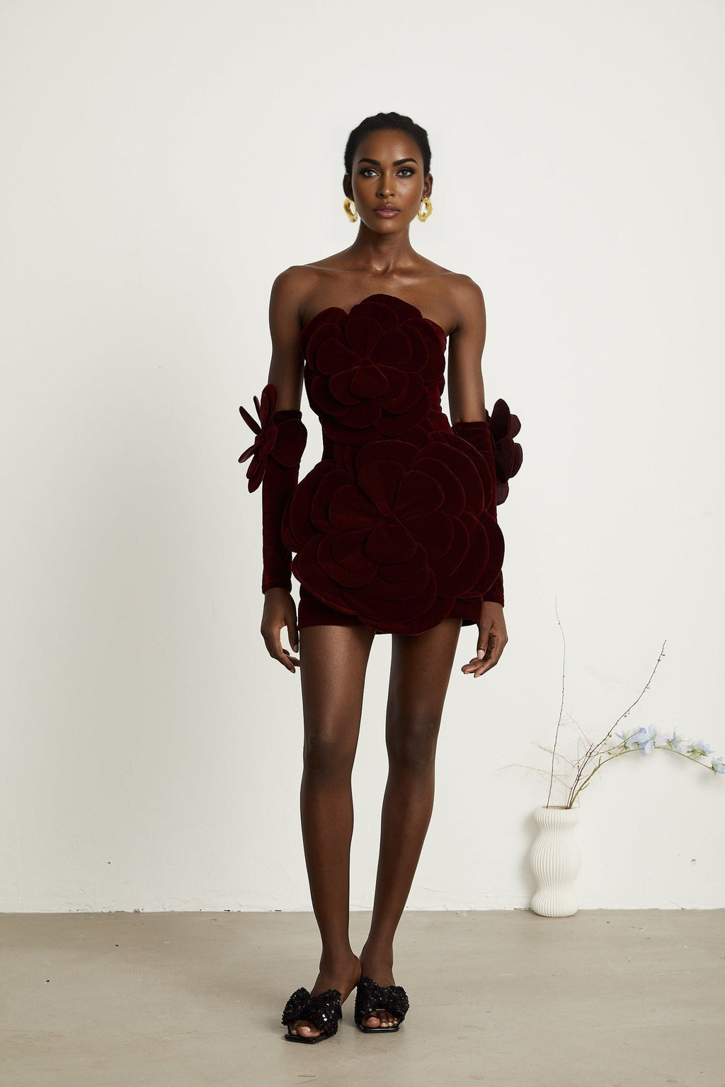 Azura Off - Shoulder Mini Dress - 3D Floral Appliqué - Long Sleeve - Couture Fit