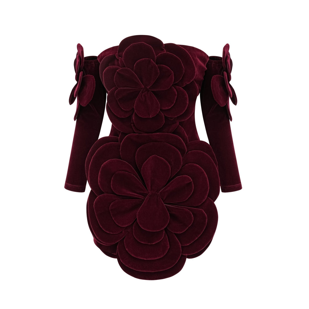Azura Off - Shoulder Mini Dress - 3D Floral Appliqué - Long Sleeve - Couture Fit