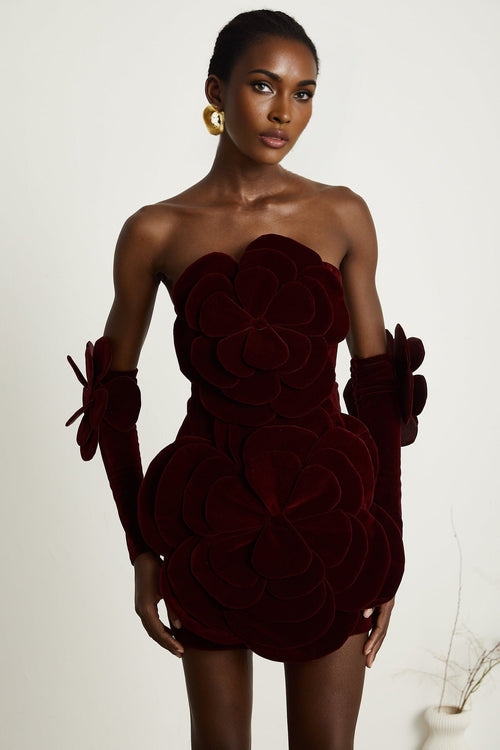 Azura Off - Shoulder Mini Dress - 3D Floral Appliqué - Long Sleeve - Couture Fit