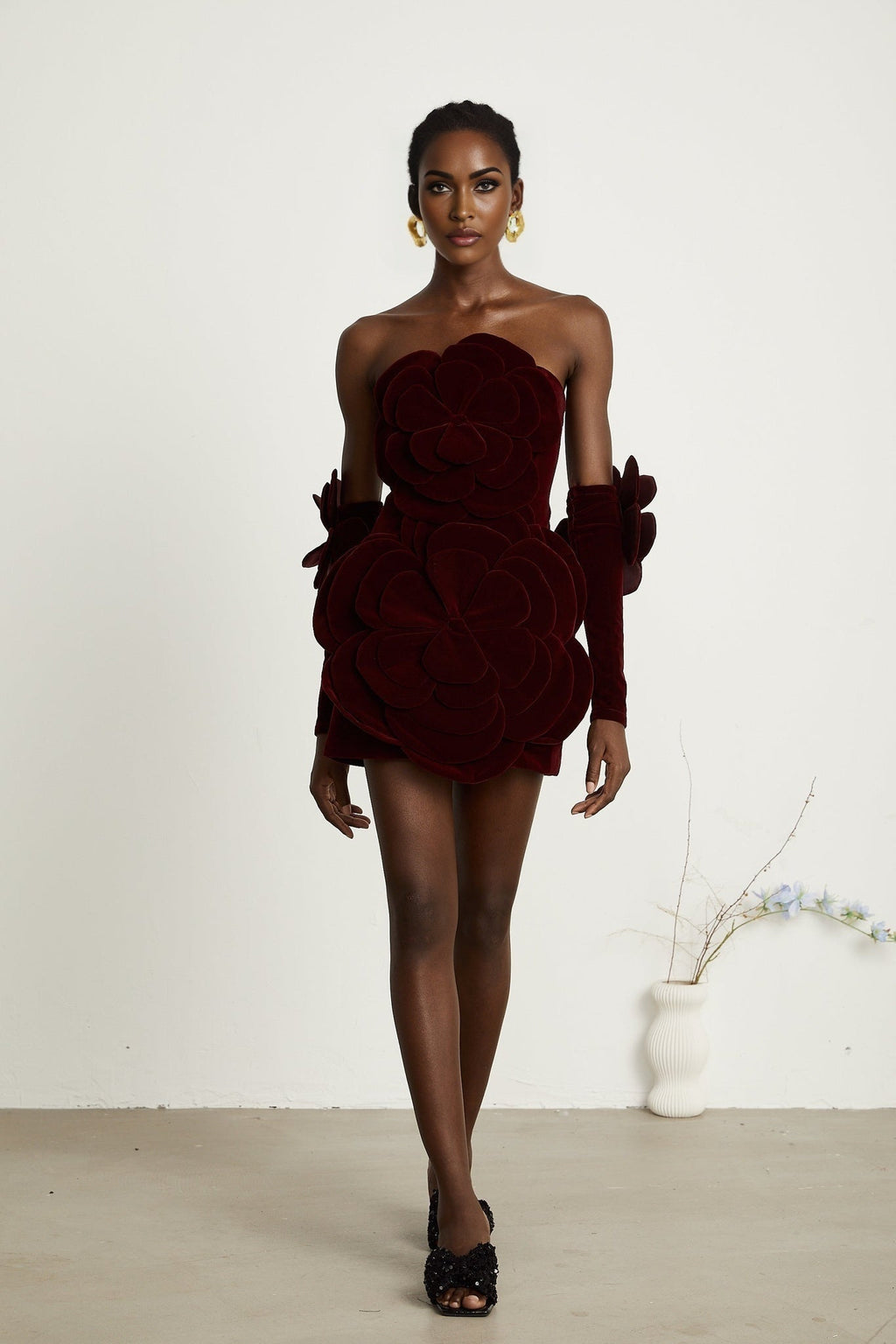 Azura Off - Shoulder Mini Dress - 3D Floral Appliqué - Long Sleeve - Couture Fit