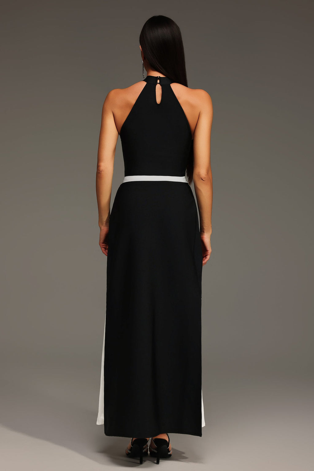 Azzurra Black Sleeveless Halter Maxi Dress with Wrinkle Detailing and Contrast Waistband