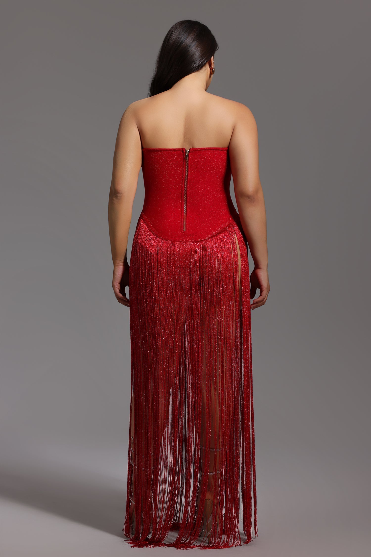 Azzurra Red Strapless Dress with Shimmering Fabric and Luxurious Fringe for Evening Events and Parties