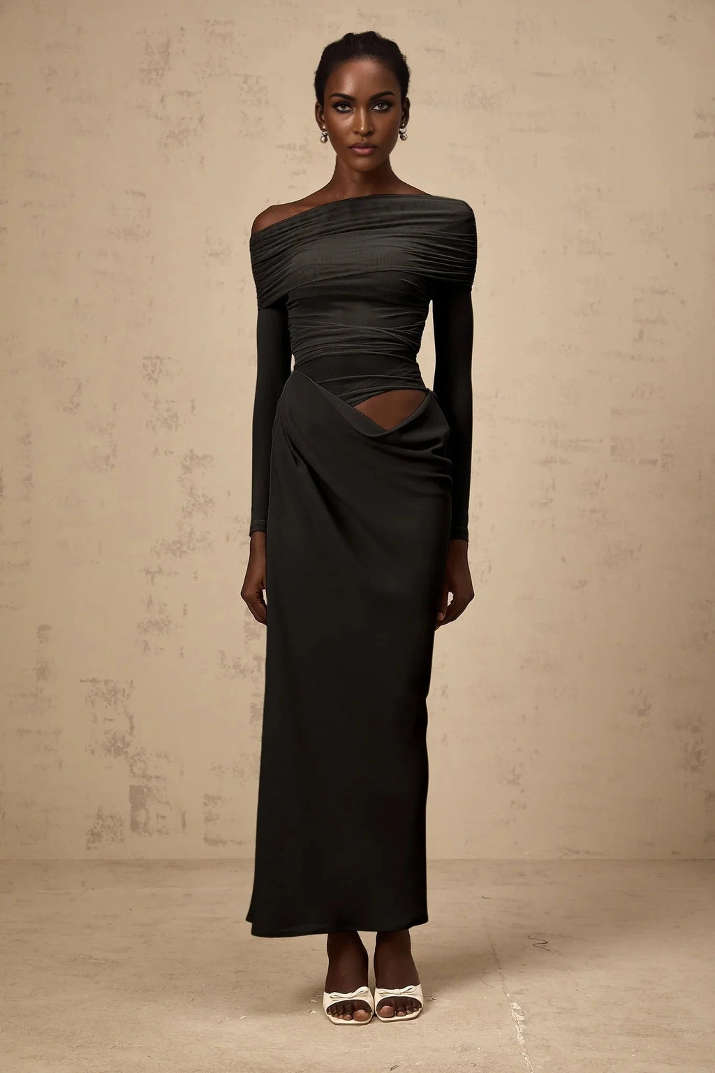 Bailey Midi Dress Black Semi - Sheer Off - Shoulder & Ruched