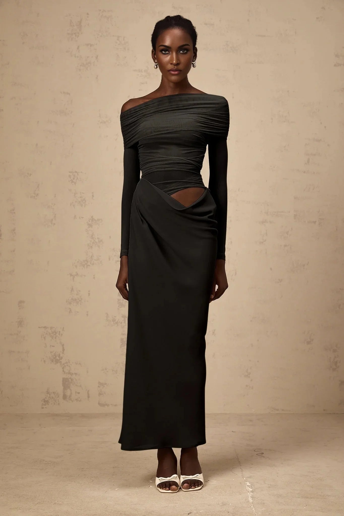 Bailey Midi Dress Black Semi - Sheer Off - Shoulder & Ruched