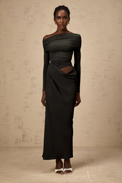Bailey Midi Dress Black Semi - Sheer Off - Shoulder & Ruched