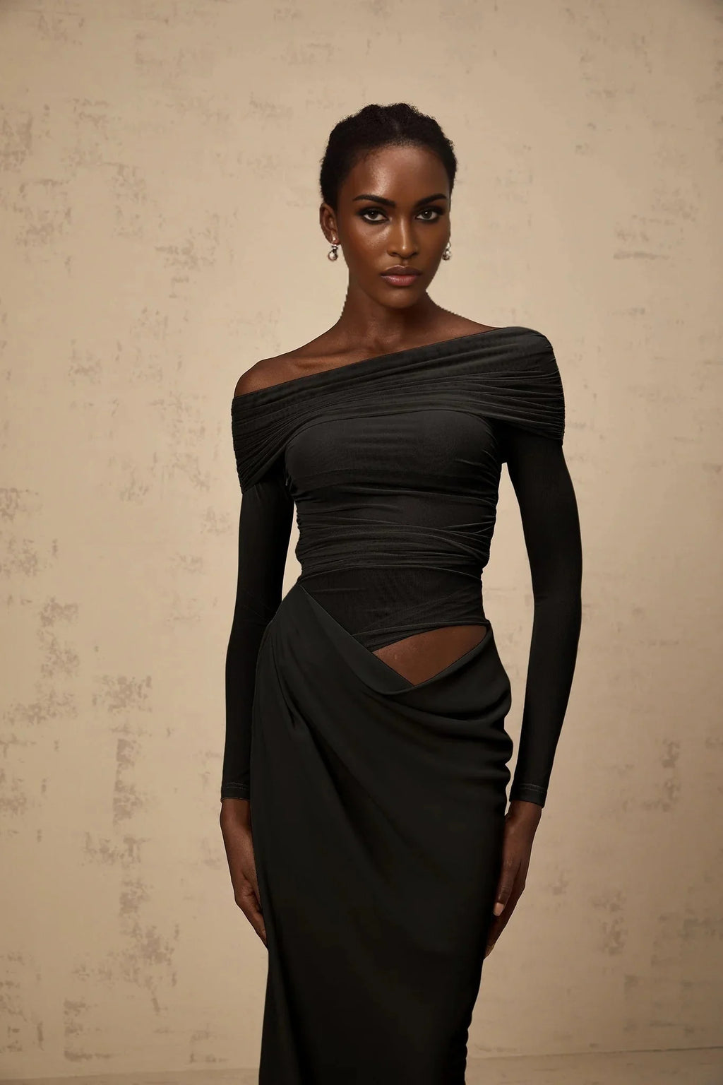 Bailey Midi Dress Black Semi - Sheer Off - Shoulder & Ruched