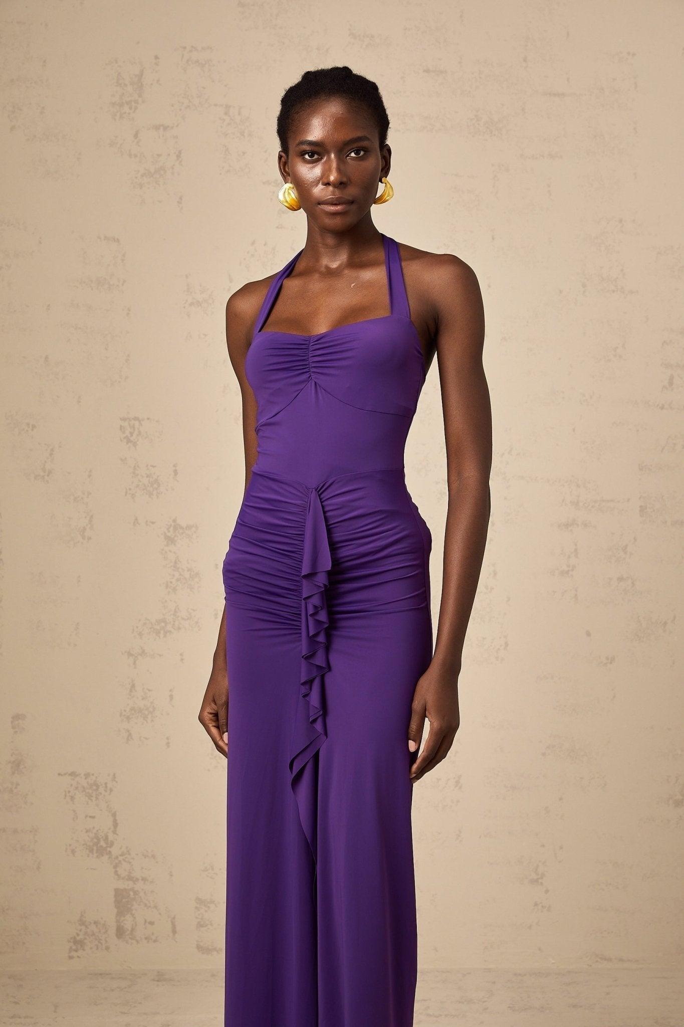 Bailey Midi Dress - Halterneck - Ruched Detailing - Cinched Waist - Open Back