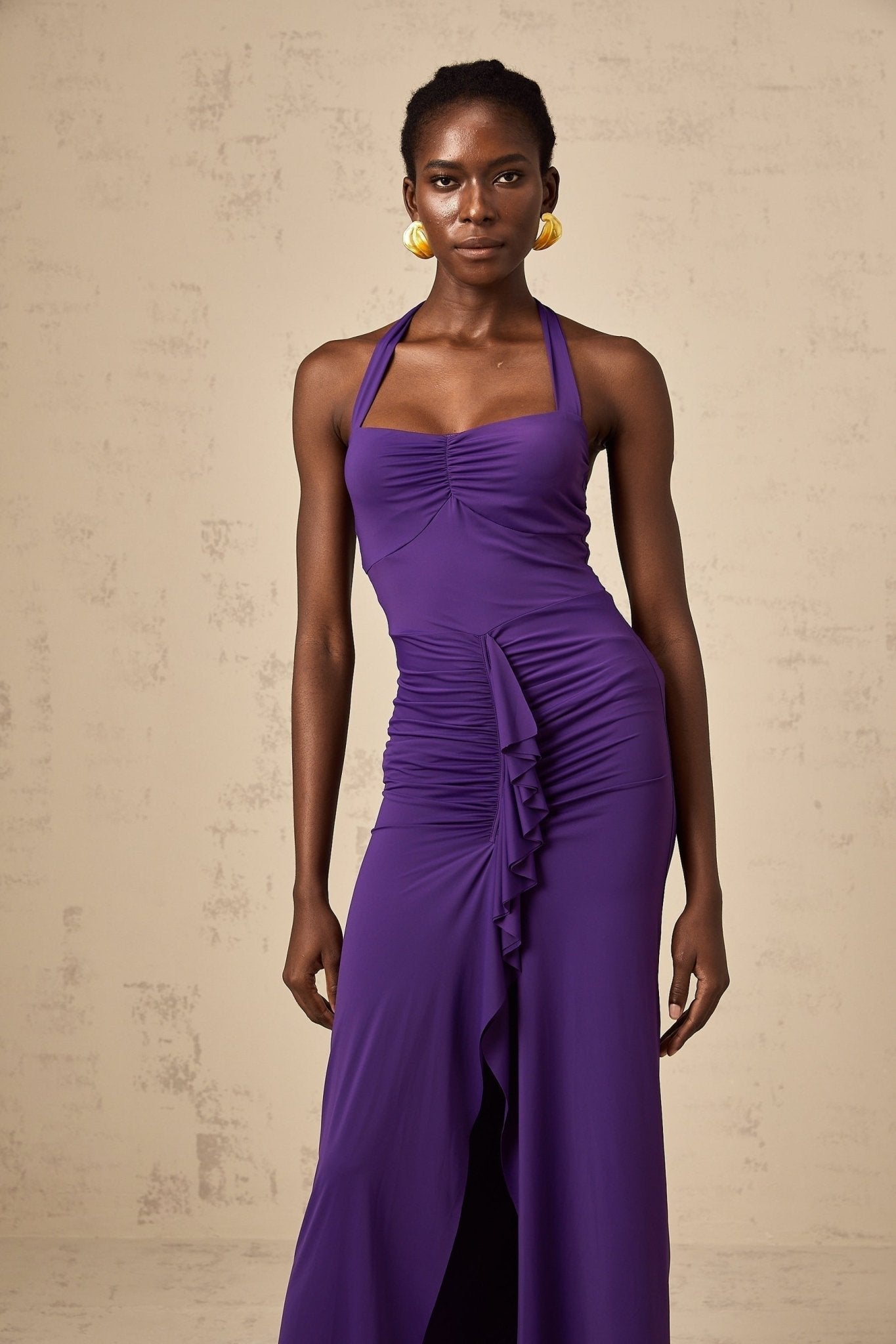 Bailey Midi Dress - Halterneck - Ruched Detailing - Cinched Waist - Open Back